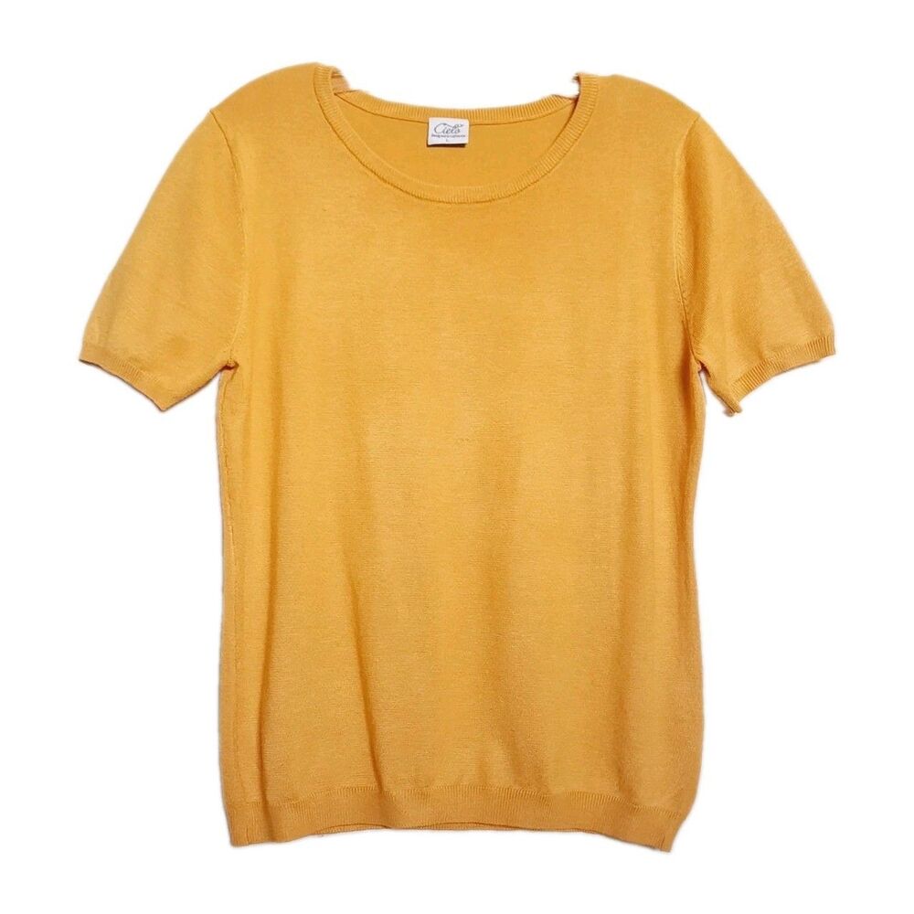Cielo Mustard Yellow Knit Top Short Sleeve Lightweight Sweater Crew Neck Size L